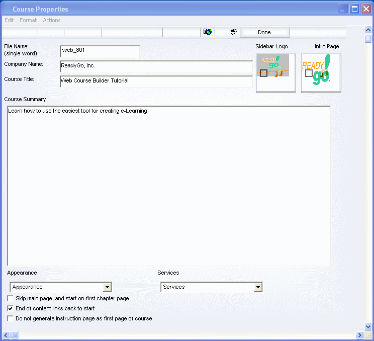 Course Properties Dialog Box 