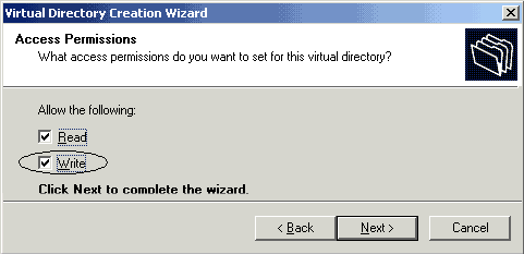 Enable write-privileges for the virtual FTP directory Enable write-privileges for the virtual FTP directory